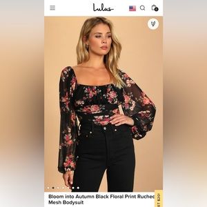 NWT Lulus bloom into autumn black floral print ruched mesh bodysuit, size small